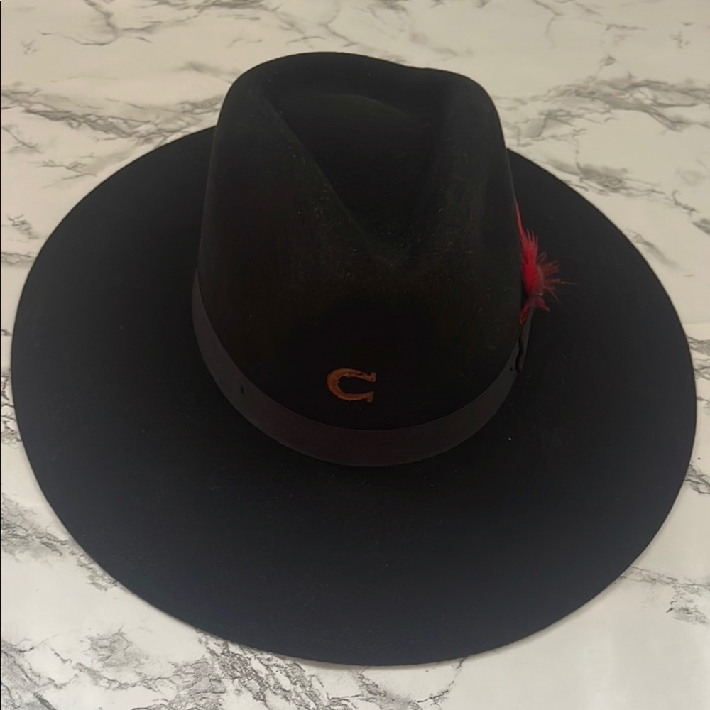 Black Fedora Hat with Red Feather Accent